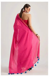India Silk Rani Pink Sarees Crafted From Soft Viscose Mul Fabric Offer A Perfect Blend Of Comfort And Elegance
